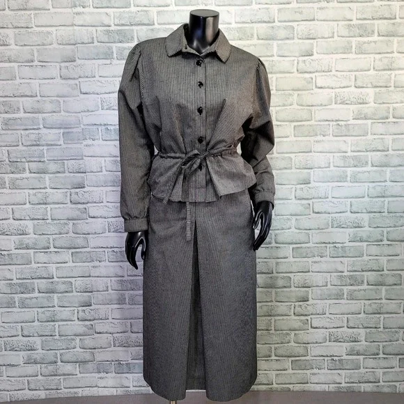 Vintage Ralph Creation W.Germany Skirt Set‎ Gray Pinstripe Belted Peplum Blouse - Picture 2 of 13